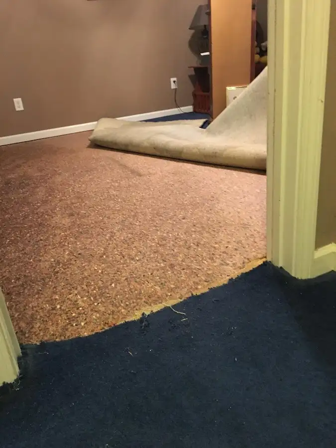 Carpet pad removal revealing water damage during Drying & Dehumidification in Westbrook